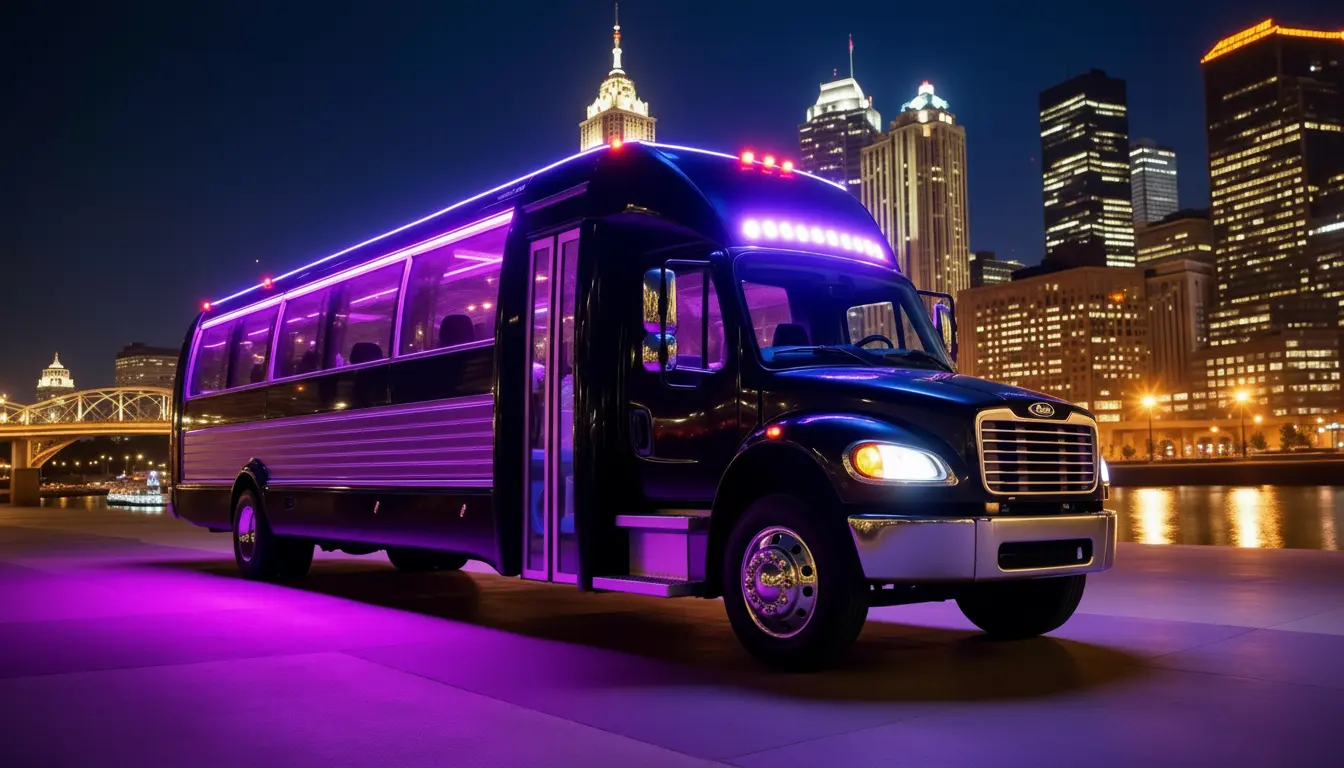Premium party bus exterior at night in Pittsburgh