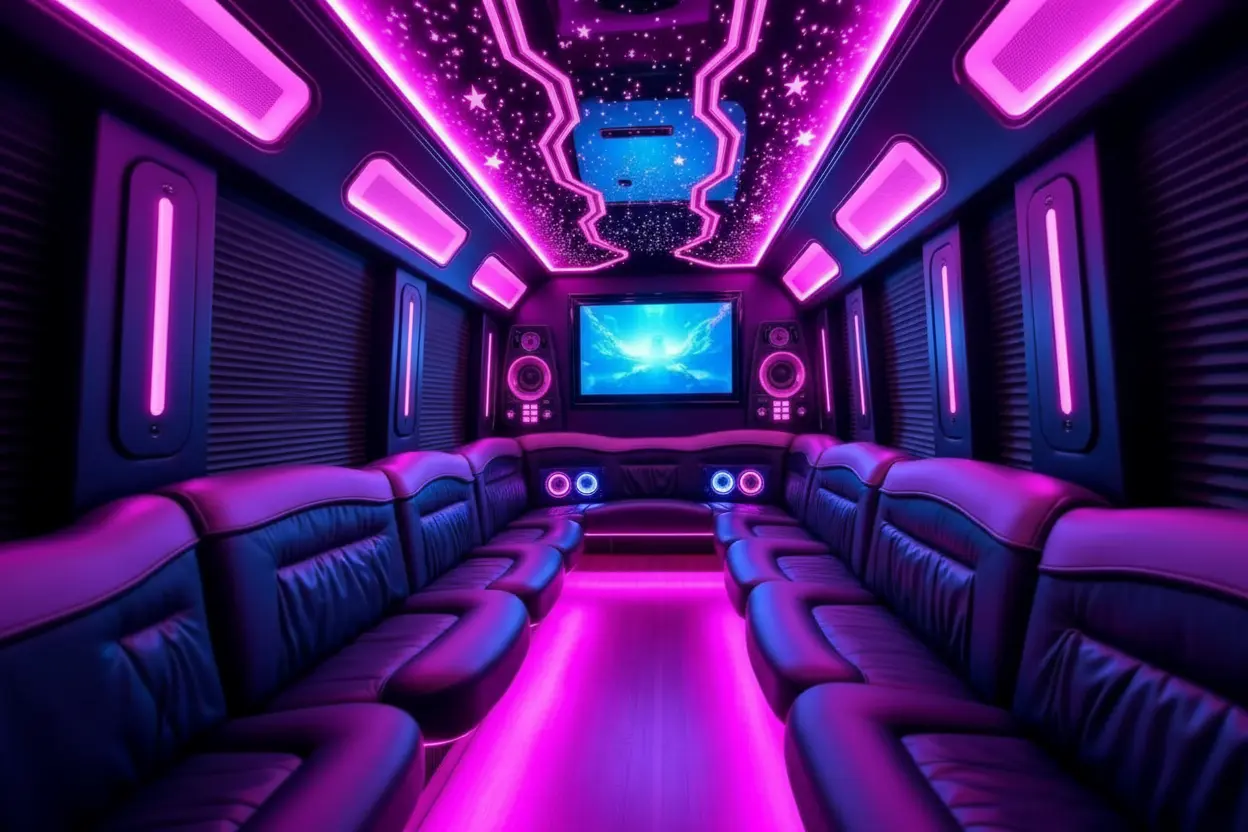Luxurious party bus interior with LED lighting